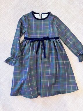 Henry Duvall Girls' Green Plaid Velvet-Trim Formal Dress Christmas dress